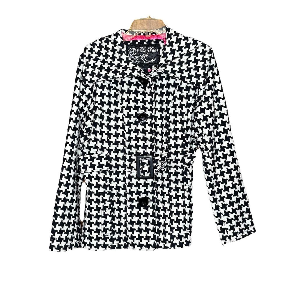 Y2K Me Jane Houndstooth‎ Jacket Women L Black White Belted Coat Preppy Classic